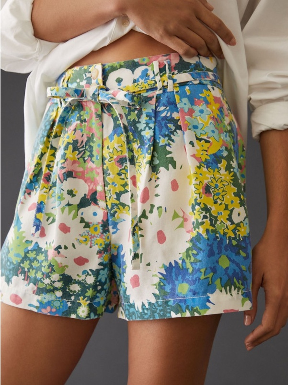 Maeve Floral Tie-Waist High-Waist Shorts - Blue, Yellow, Green, Pink, White